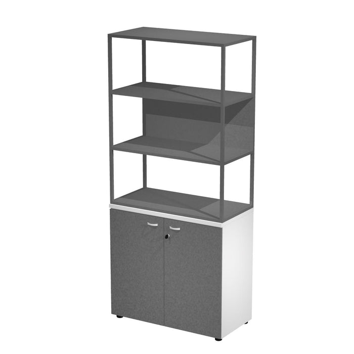 Libreria alta con 3 vani, struttura in metallo sovrapposta ad armadio con ante battenti e serratura cm. 90x46x204h