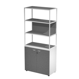 Libreria alta con 3 vani, struttura in metallo sovrapposta ad armadio con ante battenti e serratura cm. 90x46x204h