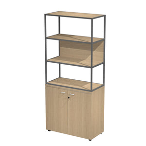 Libreria alta con 3 vani, struttura in metallo sovrapposta ad armadio con ante battenti e serratura cm. 90x46x204h
