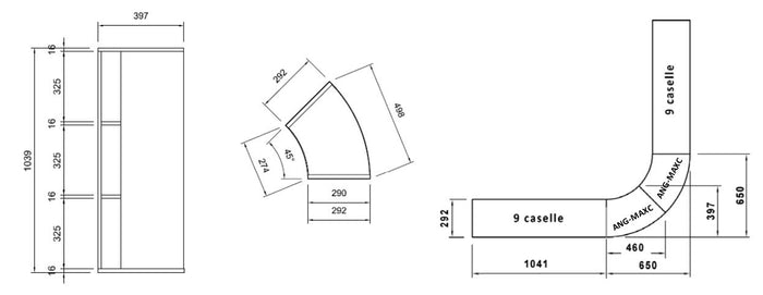 Libreria angolare a 45 con due ripiani a giorno cm. 27,4/49,8x60x91h