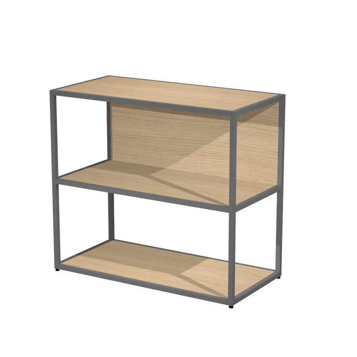 Libreria bassa con struttura in metallo verniciato a 2 vani a giorno con ripiani, base, cappello e schiena in melaminico cm. 90x46x80h