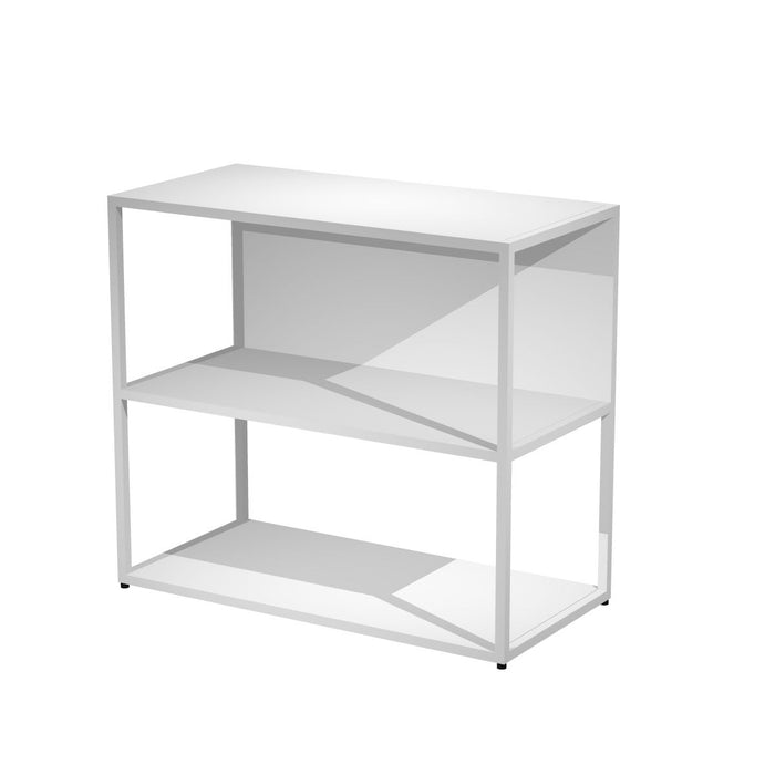 Libreria bassa con struttura in metallo verniciato a 2 vani a giorno con ripiani, base, cappello e schiena in melaminico cm. 90x46x80h