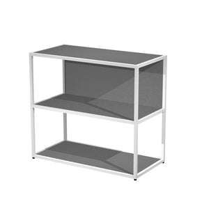 Libreria bassa con struttura in metallo verniciato a 2 vani a giorno con ripiani, base, cappello e schiena in melaminico cm. 90x46x80h