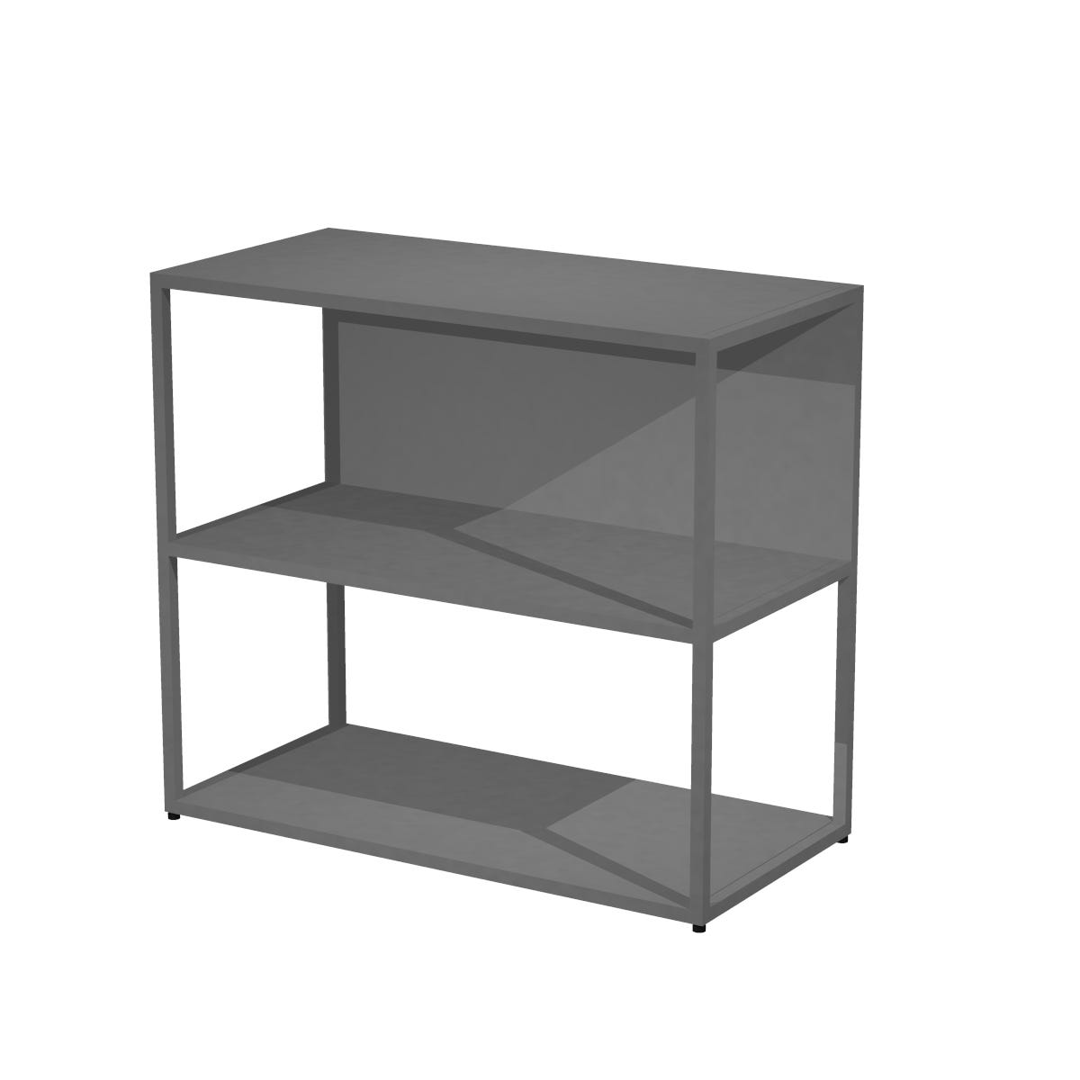 Libreria bassa con struttura in metallo verniciato a 2 vani a giorno con ripiani, base, cappello e schiena in melaminico cm. 90x46x80h