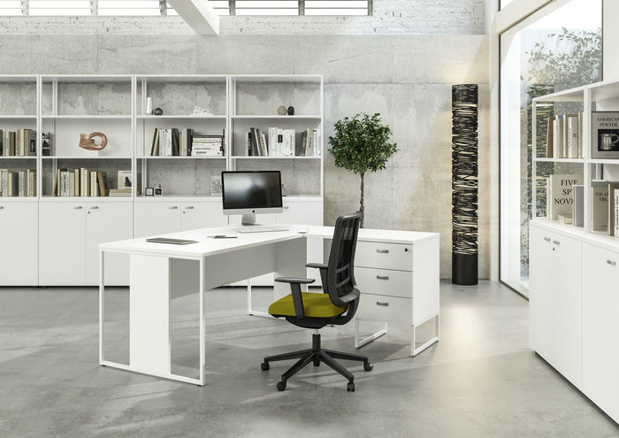 Libreria bassa con struttura in metallo verniciato a 2 vani a giorno con ripiani, base, cappello e schiena in melaminico cm. 90x46x80h