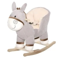 Cavallo a Dondolo per Bambini 18-36 Mesi, Cavalluccio a Dondolo a Forma di Asino con Suoni Realistici in Legno di Pioppo e Peluche, Grigio