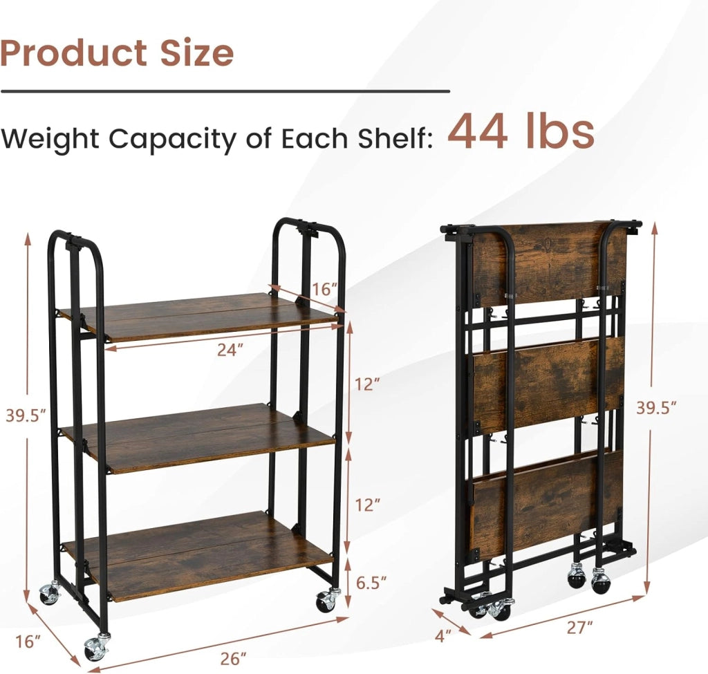 Scaffali pieghevoli con ruote, nessun montaggio Carrello a 3 livelli, 2 delle ruote hanno serrature, carrello multiuso per microonde, rack portatile con telaio in metallo, per cucina, camper