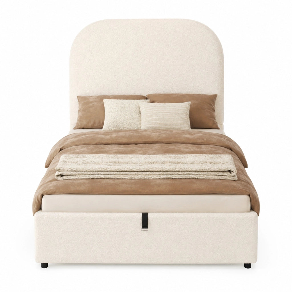 Letto imbottito per bambini con contenitore idraulico; rete a doghe; bouclé beige