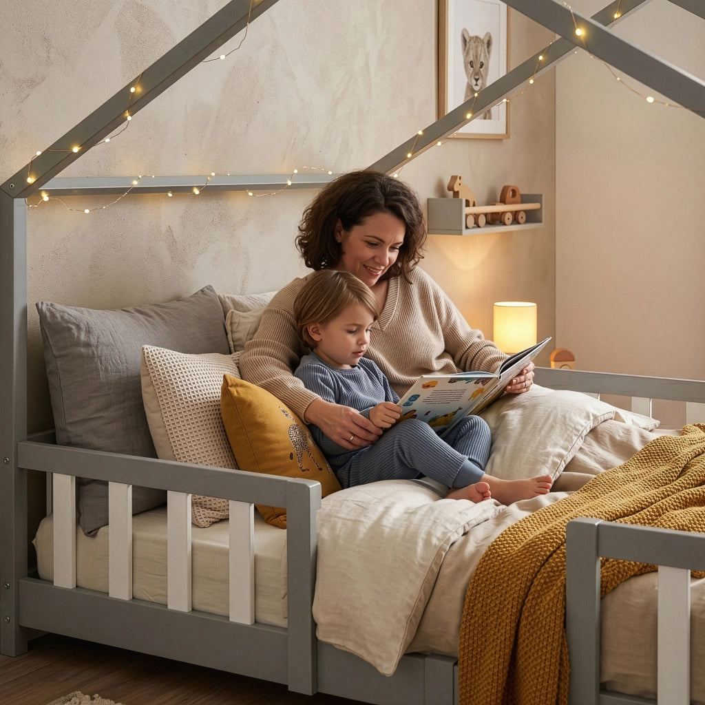 Letto per Cameretta Treviolo a Forma di Casetta in Stile Montessori con Materasso 140x200 cm - Grigio Chiaro/Bianco [en.casa]