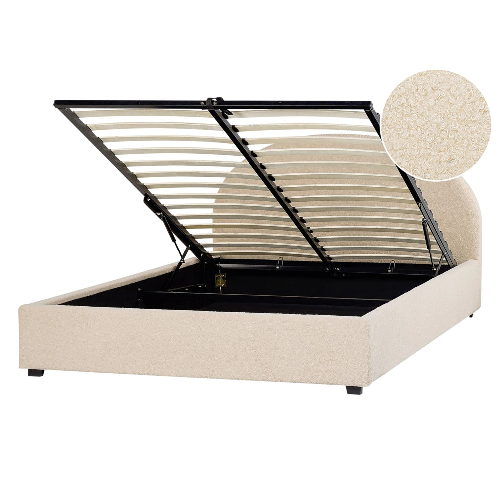Letto contenitore matrimoniale imbottito tessuto beige retrò minimalista 160 x 200