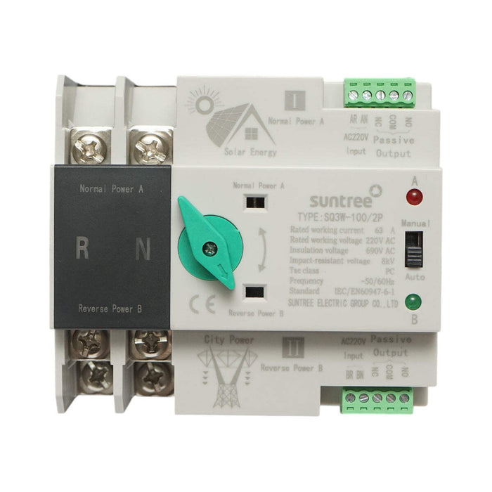 Comutatore ATS 220V monofase, separatore automatico da pannelli fotovoltaici alla rete SQ3W-100/2P Suntree