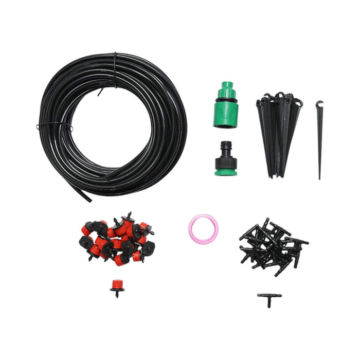 Kit completo per irrigazione a goccia con tubo da 15,5 m, ugelli, connettori e aste di fissaggio (64 pezzi)