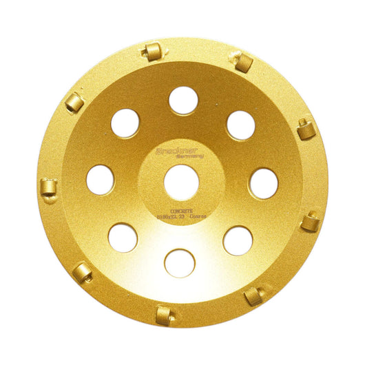 Disco diamantato segmentato PCD tipo tazza 180x22,23, levigatura calcestruzzo, pietra, travertino, mosaico, pavimentazione, mattoni Breckner Germany