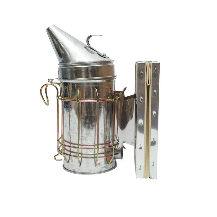 Affumicatore per api in acciaio galvanizzato con cilindro, scudo termico e soffietto in pelle, 190 mm