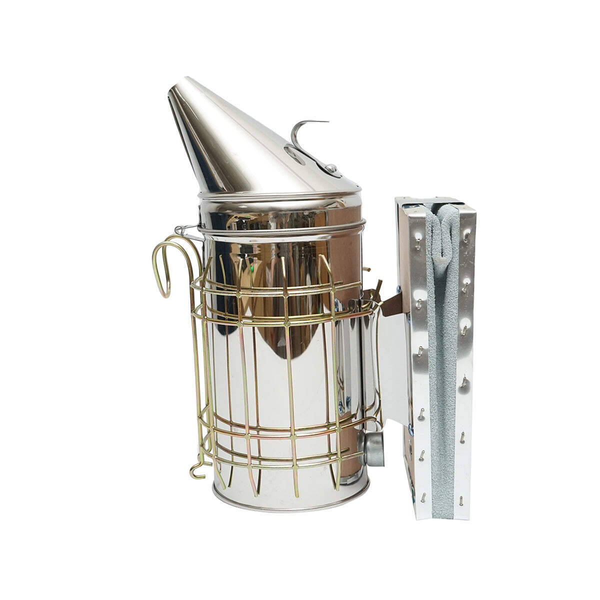 Affumicatore per api in acciaio inox con cilindro, scudo termico e soffietto in pelle, 190 mm.