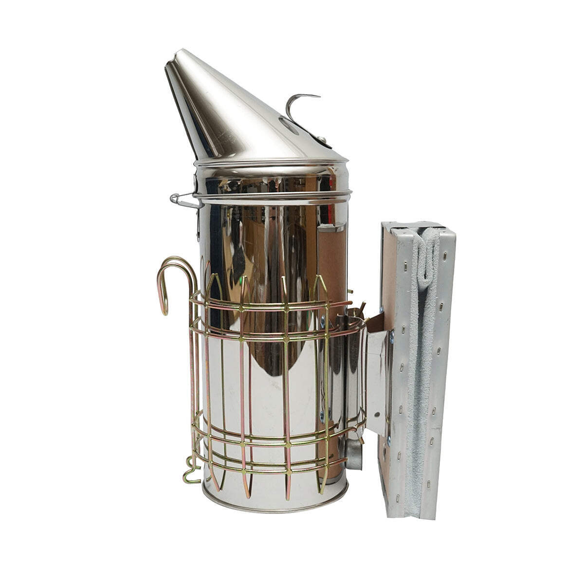 Affumicatore per api in acciaio inox con cilindro, scudo termico e soffietto in pelle, 230 mm