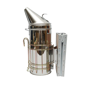 Affumicatore per api in acciaio inox con cilindro, scudo termico e soffietto in pelle, 230 mm