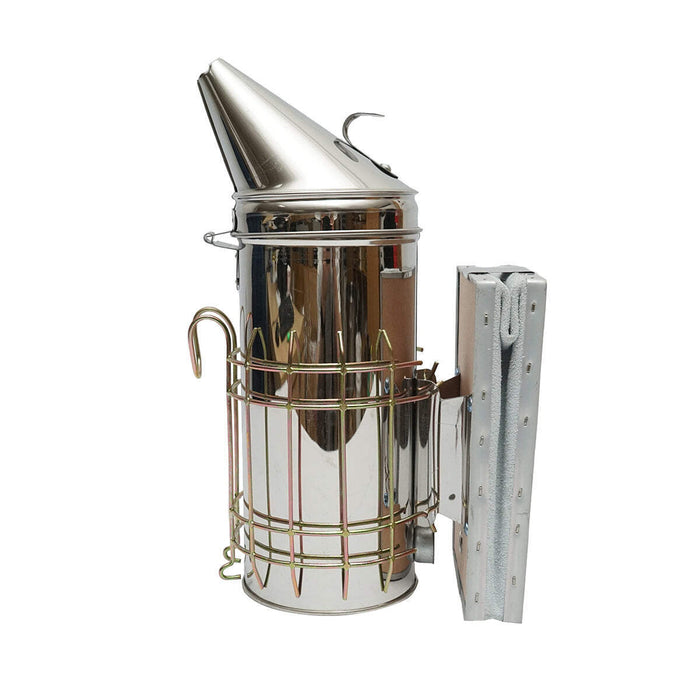 Affumicatore per api in acciaio inox con cilindro, scudo termico e soffietto in pelle, 230 mm