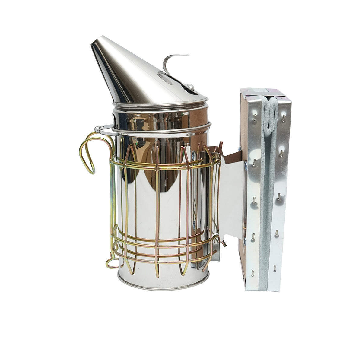 Affumicatore per api in acciaio inox con cilindro, scudo termico e soffietto in pelle, 160 mm