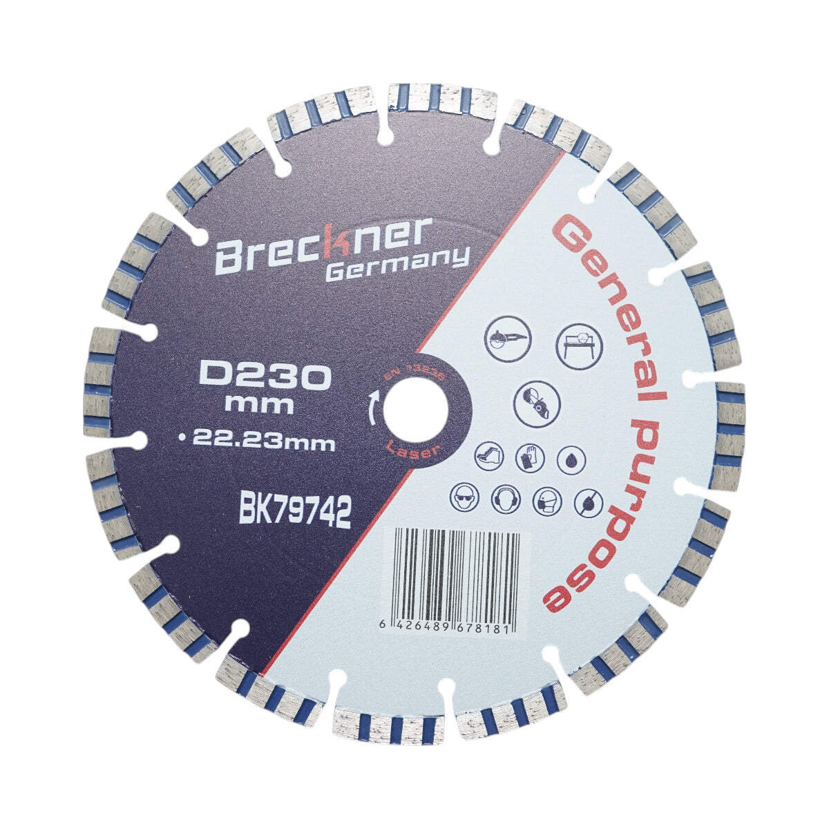 Disco diamantato turbo segmentato 230x22,23 mm, segmento 10 mm per cemento armato, pietra dura, autobloccanti Breckner Germany