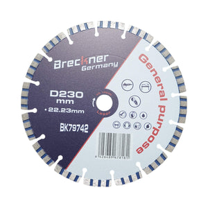 Disco diamantato turbo segmentato 230x22,23 mm, segmento 10 mm per cemento armato, pietra dura, autobloccanti Breckner Germany