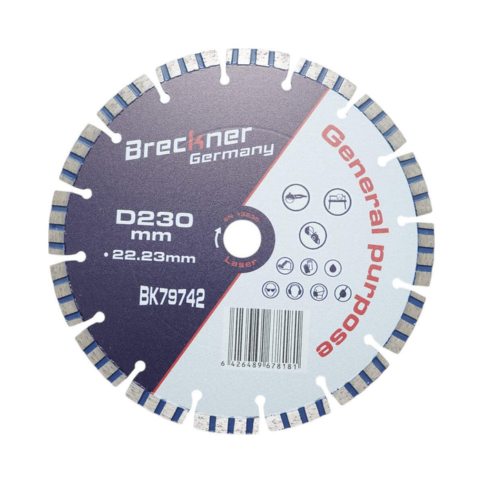 Disco diamantato turbo segmentato 230x22,23 mm, segmento 10 mm per cemento armato, pietra dura, autobloccanti Breckner Germany