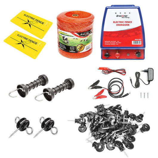 Kit completo per recinzione elettrica 12/220V, 4,8 Joule, lunghezza filo 1000m, 100 isolatori e targhe di segnalazione Breckner Germany