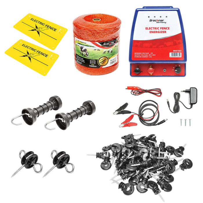 Kit completo per recinzione elettrica 12/220V, 4,8 Joule, lunghezza filo 1000m, 100 isolatori e targhe di segnalazione Breckner Germany