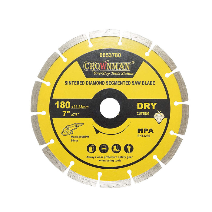 Disco diamantato segmentato 180x22,23mm, max. velocità. 8500 giri/min, taglio a secco per cemento, pietra, granito, marmo Crownman