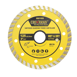 Disco diamantato sinterizzato turbo 125x22,23mm, max. velocità. 12200 giri/min, taglio a umido/a secco per pietra, arenaria, ceramica, marmo Crownman