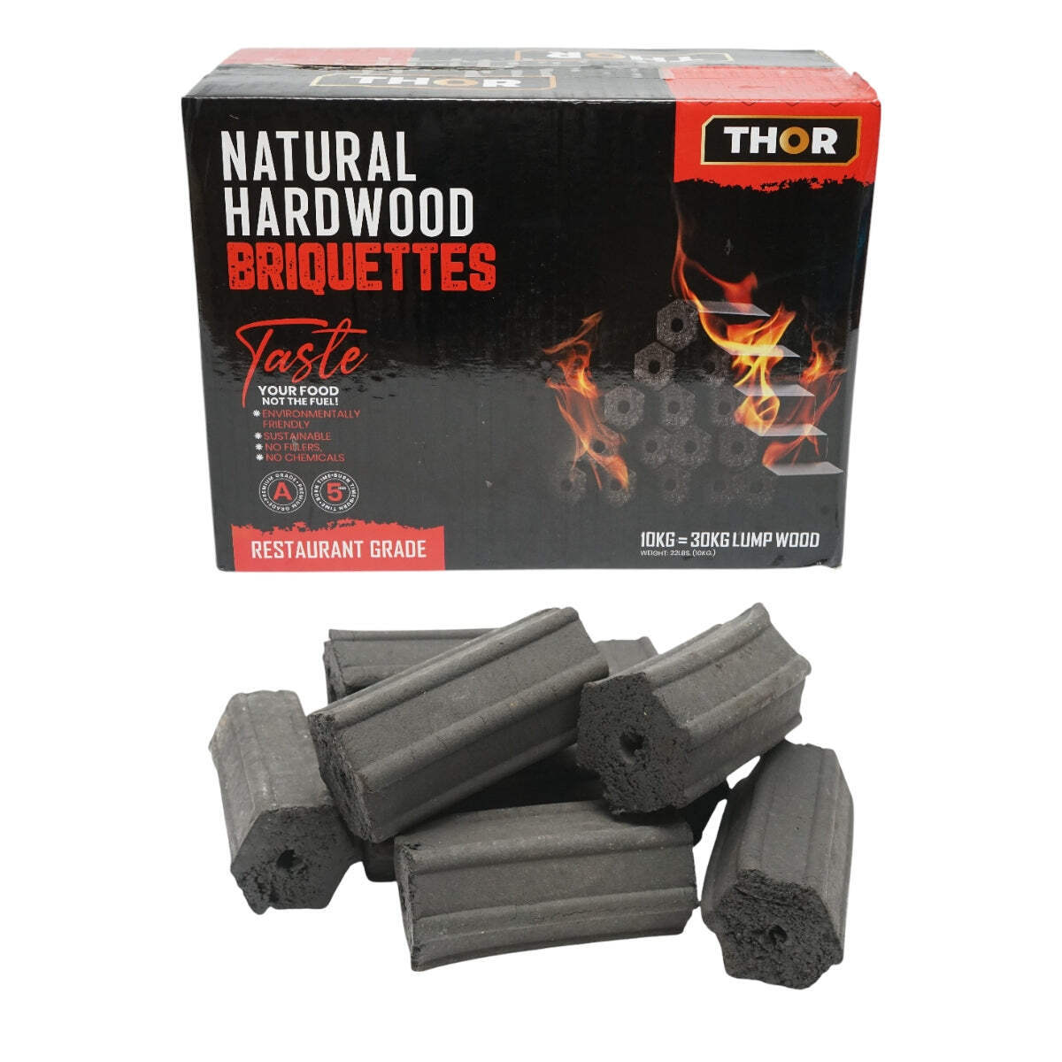 Carbone per barbecue bricchettato esagonale in legno di essenza dura, durata di combustione 5 ore, 10 kg, THOR.