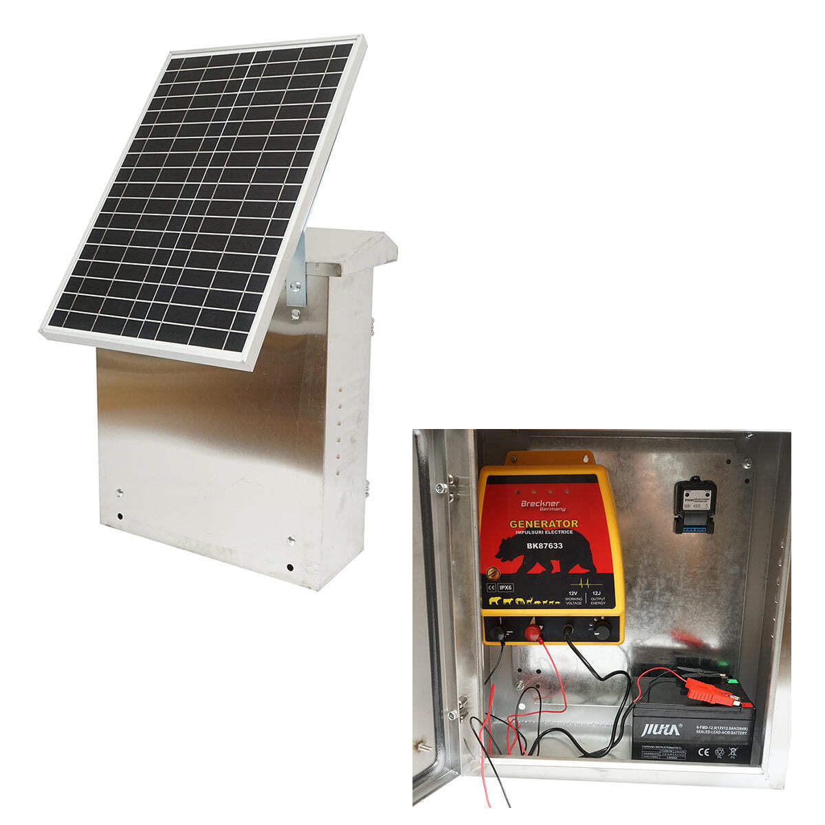Elettrificatore da 12 Joule, DC12V/220V, con pannello solare da 30W e batteria da 12V 12Ah, contenitore in acciaio inox, per recinto elettrico