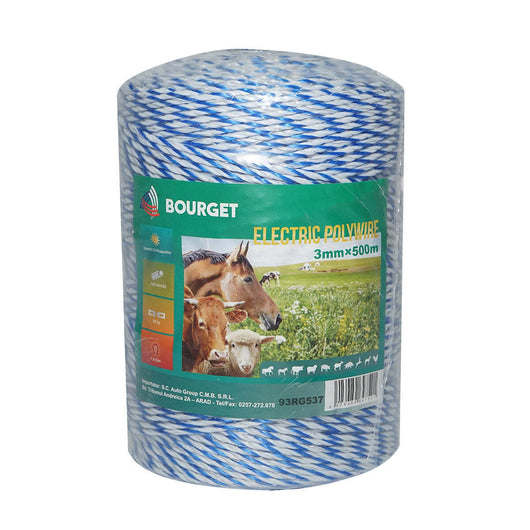 Filo bianco-blu, diametro 3 mm, 3x0.2 mm SS, 500 m per recinzione elettrica, resistenza 7.8 Ohm, Bourget