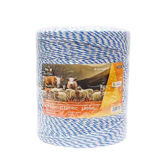 Filo bianco-blu, diametro 3 mm, inserto metallico 3x0.2 mm SS, resistenza 7.8 Ohm/m, 1000 m per recinzione elettrica, Thor