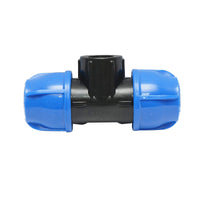 Quadrato a T di compressione con filettatura interna femmina a 90 gradi D32x32mmx3/4, PN16 bar per sistemi di irrigazione.