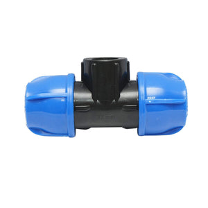 Quadrato a T di compressione con filettatura interna femmina a 90 gradi D32x32mmx3/4, PN16 bar per sistemi di irrigazione.