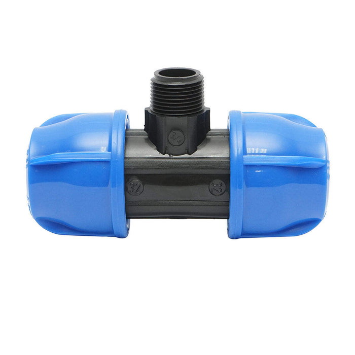 Quadrato a T di compressione con filettatura esterna maschio a 90 gradi D32x32mmx3/4, PN16 bar per sistemi di irrigazione.