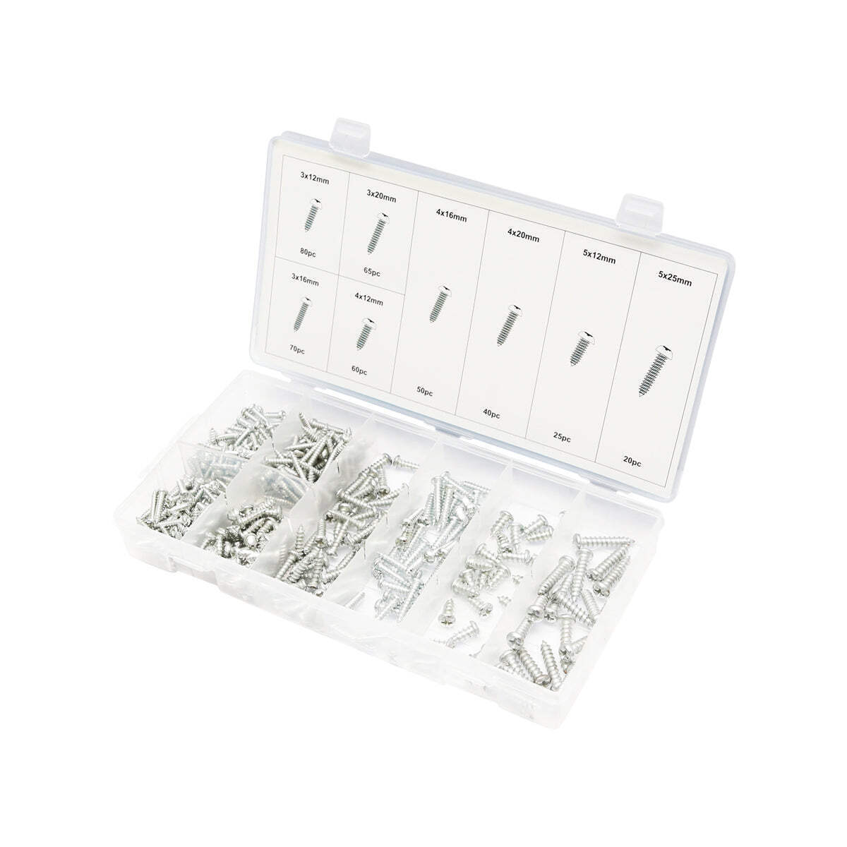 Set di 410 viti autofilettanti per lamiera con testa a croce.