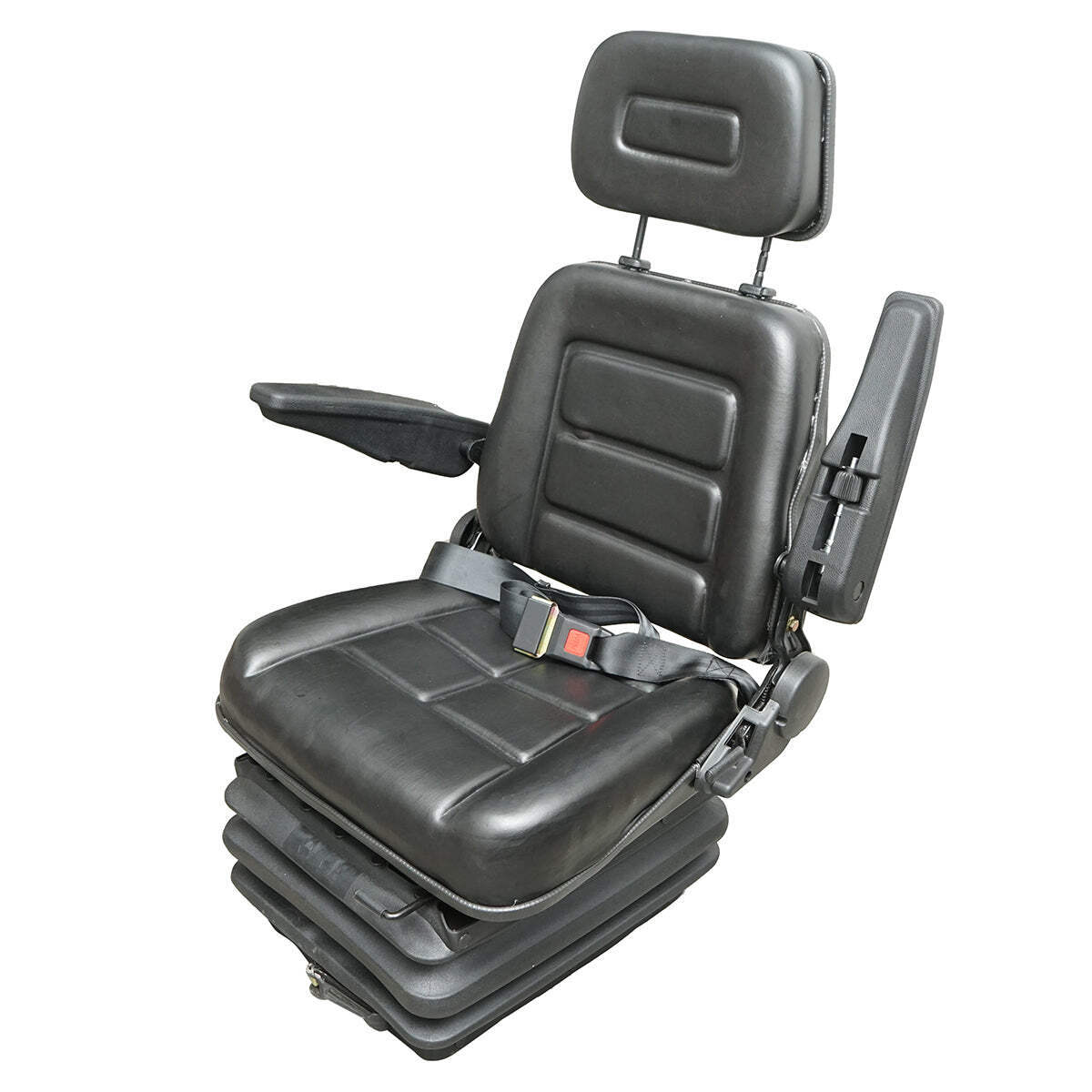 Sedile universale regolabile in altezza e peso 50-130 kg, con braccioli e schienale ribaltabile 40-80° per trattore, macchine agricole, industriali e carrelli elevatori