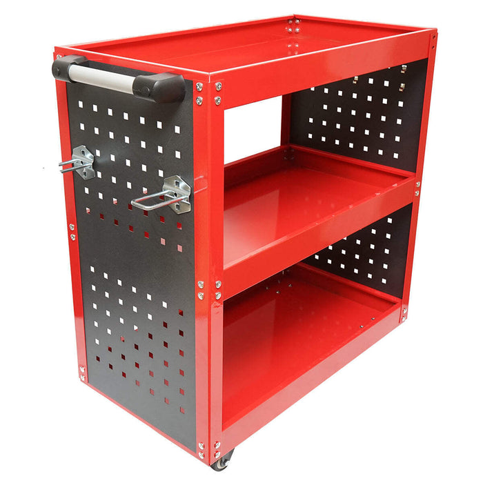 Carrello metallico su ruote con 3 ripiani e supporti per attrezzi 670x370x730mm