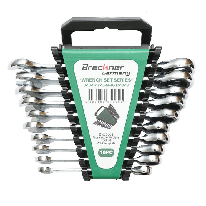 Set di chiavi combinate fisse e inelari con cricchetto 8-19mm, 10 pezzi, Breckner Germany