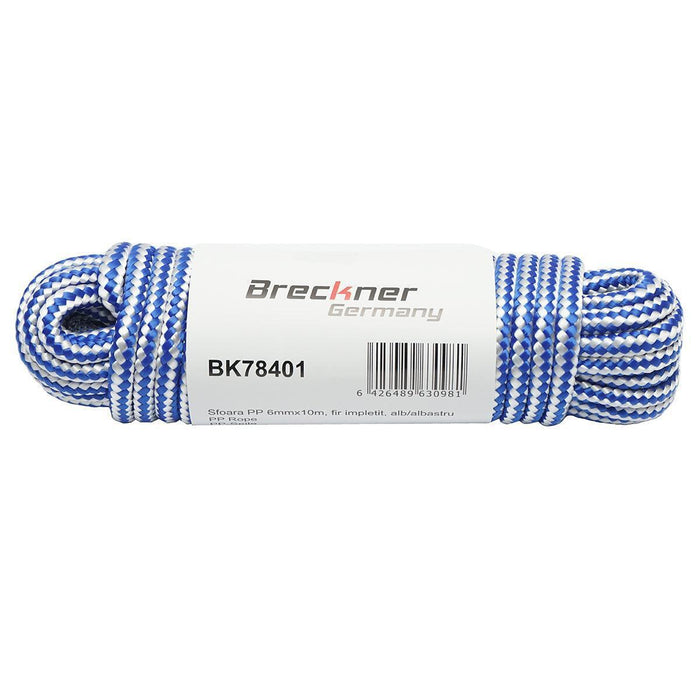 Corda PP intrecciata 6 mm x 10 m, bianca/blu, Corda multiuso in polipropilene Breckner Germany