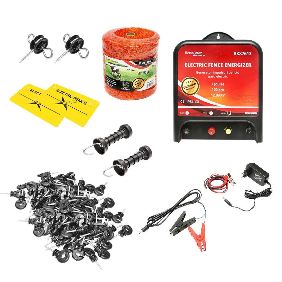 Kit Completo Recinto Elettrico Elettrificatore 12V/220V, 7 Joule , Filo 1000 MT, 100 isolatori, set maniglia, recinzioni elettriche Breckner Germnany