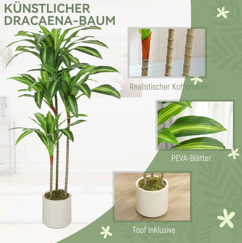 Dracaena artificiale 120 cm in plastica verde, steli flessibili, vaso bianco