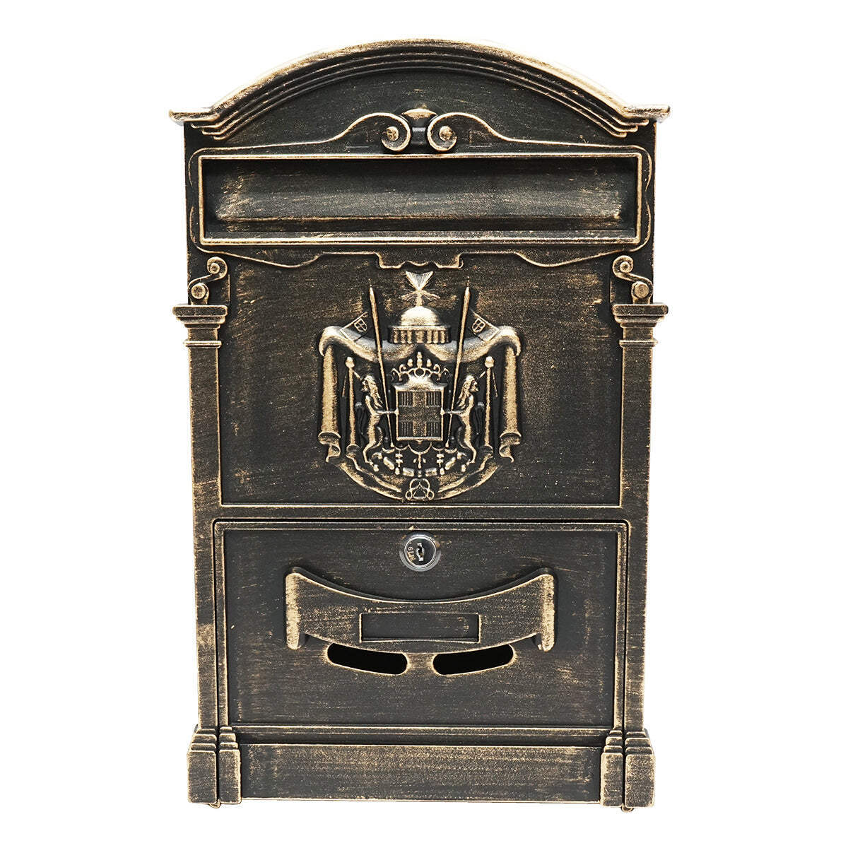 Cassetta postale antica dorata 410X260X90mm con 2 chiavi e accessori di fissaggio
