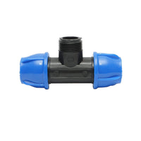 Quadrato a T di compressione con filettatura esterna maschio a 90 gradi D25x25mmx1, PN16 bar per sistemi di irrigazione.