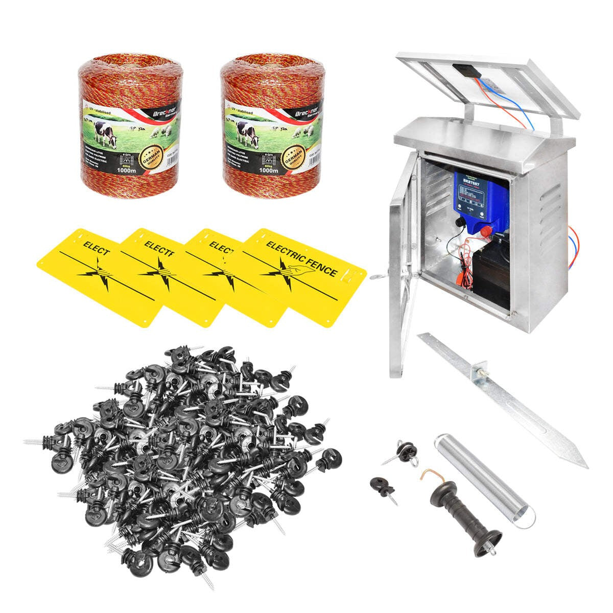 Kit completo per recinzione elettrica 12V, 2 Joule, pannello solare da 10W, lunghezza del cavo 2000m, 200 isolatori, kit cancello e targhe di avvertimento Breckner Germany