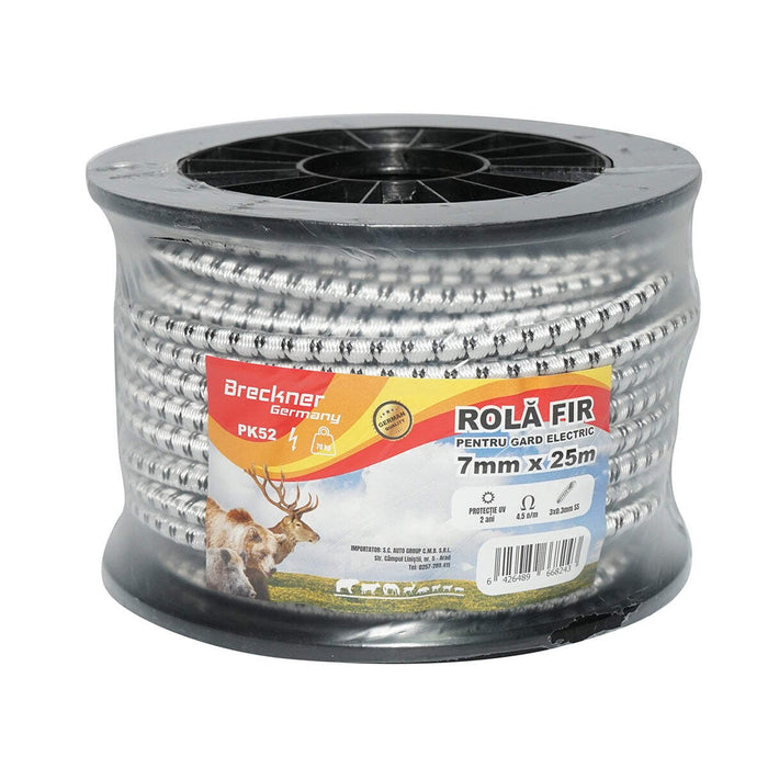 Rotolo di filo elastico nero e bianco fi 7mm, 3x0.3mm acciaio inox SS, 4.5 Ohm/m recinzione elettrica 25m Breckner Germany