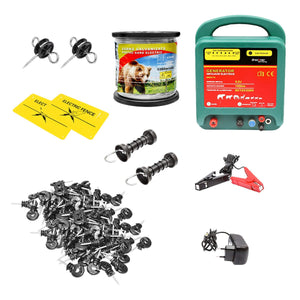Kit completo per recinzione elettrica 12/220V, 6,5 Joule, lunghezza filo 1000m, 100 isolatori e targhe di segnalazione Britmann