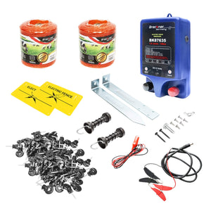 Kit completo per recinzione elettrica 12V, 1 Joule, lunghezza filo 1000m, 200 isolatori, 2 maniglie per cancelli e 2 cartelli di avvertimento Breckner Germany